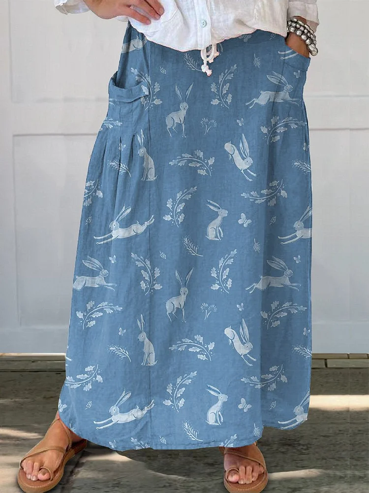 Spring Woodland Rabbit Repeat Pattern Printed Women's Linen Pocket Skirt