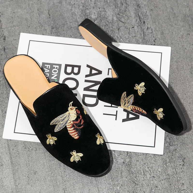 Embroidery Suede Leather Mules Men Shoes Casual Summer Slip-On Loafers Slippers On Backless Half Shoe For Men Mule Masculino