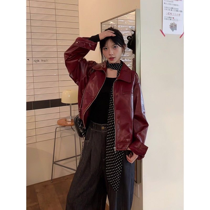 Aiertu guys clothing styles American Retro Angora Red Leather Coat Women's Autumn and Winter High Street Style Loose Meat Covering Leather Jacket Top aiertu