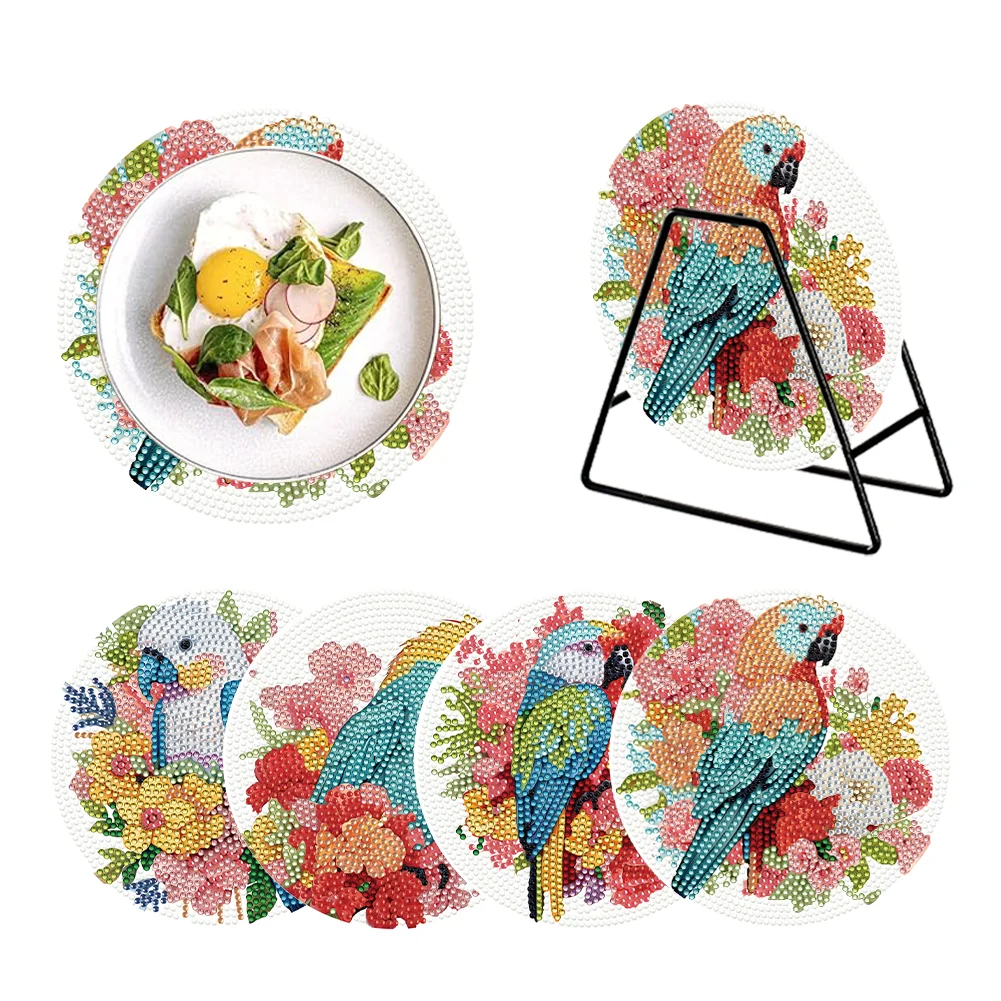 4 PCS DIY Flower Parrot Acrylic Diamond Painted Placemats with Holder