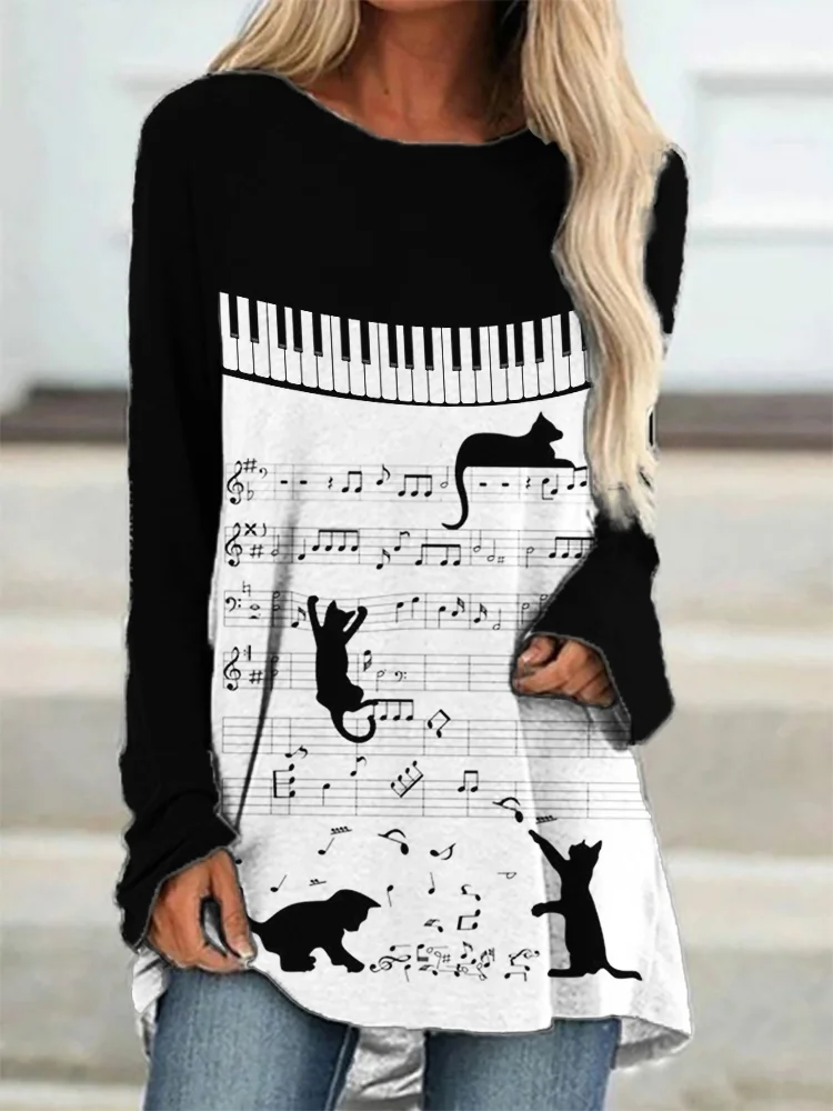 Black Cats & Music Sheet Piano Contrast T Shirt