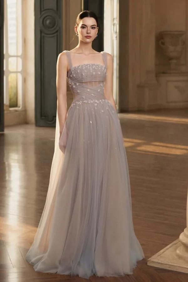 Miabel Gorgeous Beaded Wide Shoulder Straps Pleated Sleeveless Long Prom Dress 