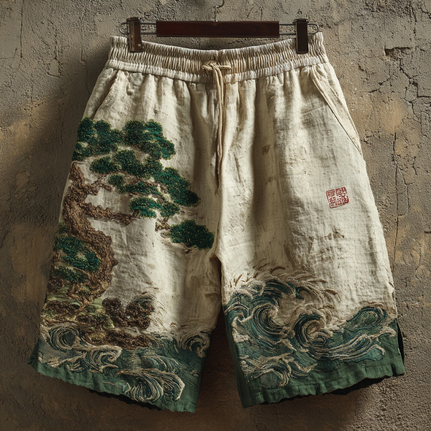 Japanese Pine Tree & Sea Waves Embroidered Art Print Linen Blend Casual Shorts  artssus