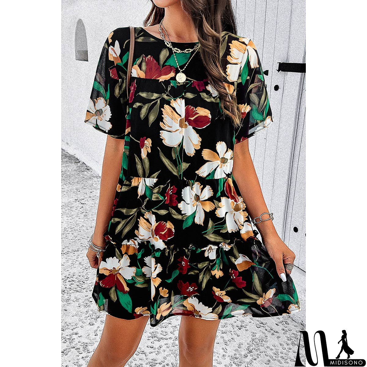 MidiSono - Knot Back Floral Lined Ruffle Loose Dress