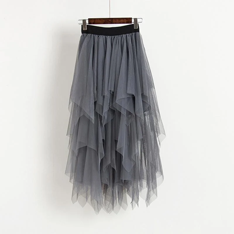 FTLZZ Tulle Skirts Women High Waist Mesh Skirt Hem Asymmetrical Pleated Midi Skirt Female Black Pink Summer Mid-calf Skirts