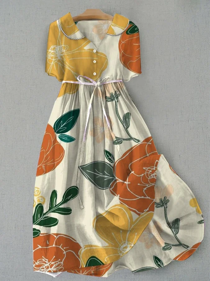 Women's Floral Design Printed Lace Up Dress