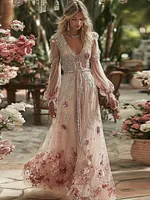 Women's Vintage Pink Floral Art Long Sleeve Maxi Dress
