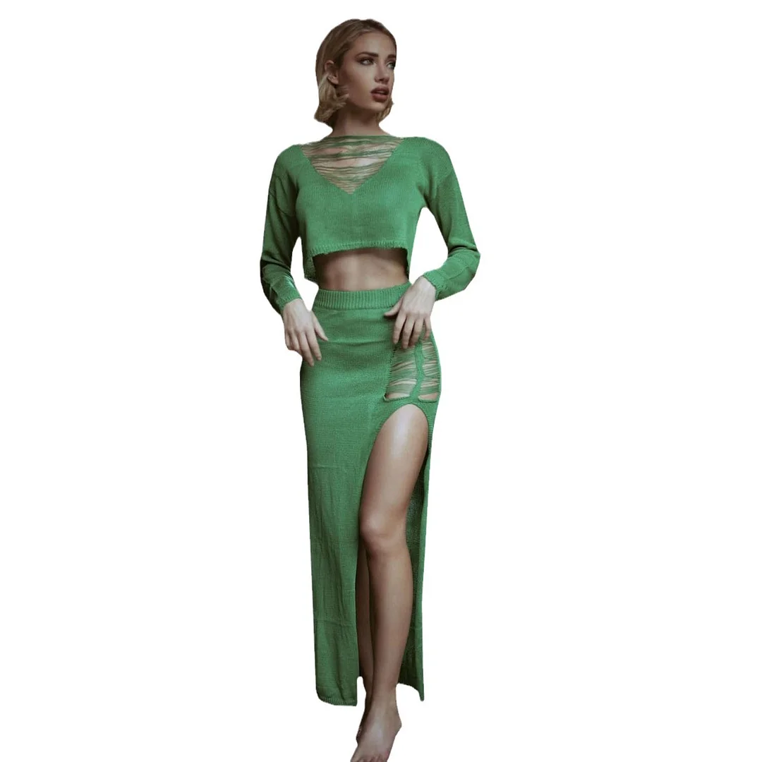 Uveng Explosion Of Women's Clothing Sexy Open Long Dress Twisted Hollow Wool Suit Women's Clothing