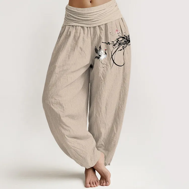 Cotton Minimalist Style Crane Lotus Branch Leaf Pattern Women's Elastic Waist Harem Pants