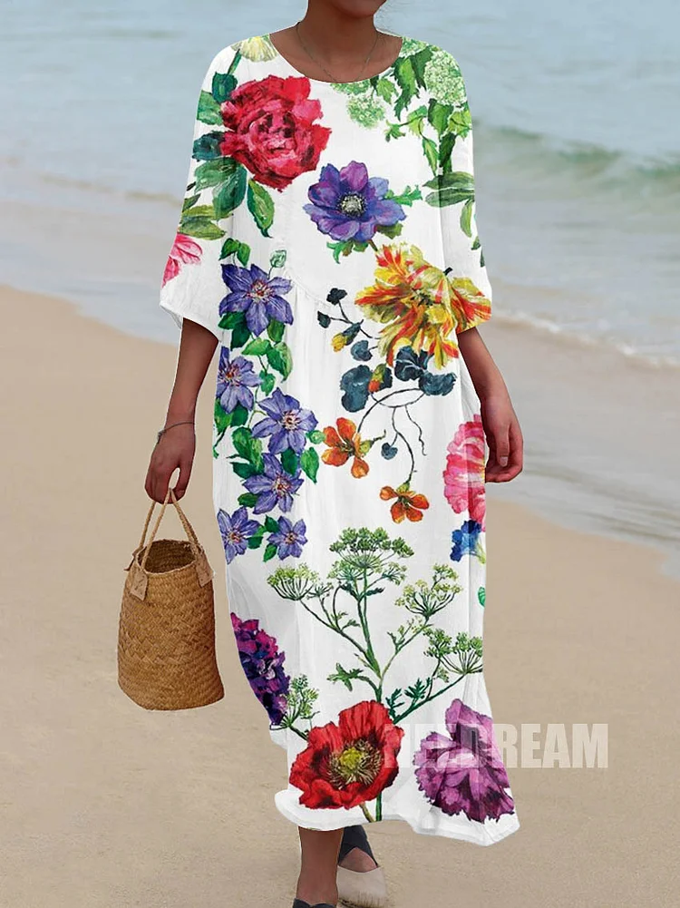Womens Artistic Various Flowers Pattern Pocket Cotton Dress