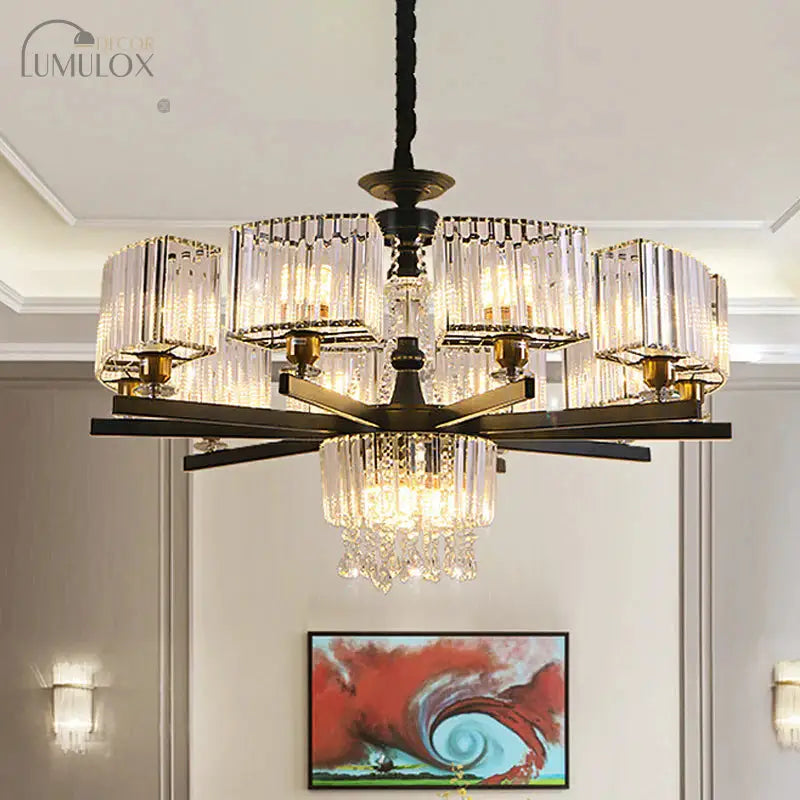 Crystal Chandelier 13 Bulbs Traditional Black Geometric Sitting Room Ceiling Lamp