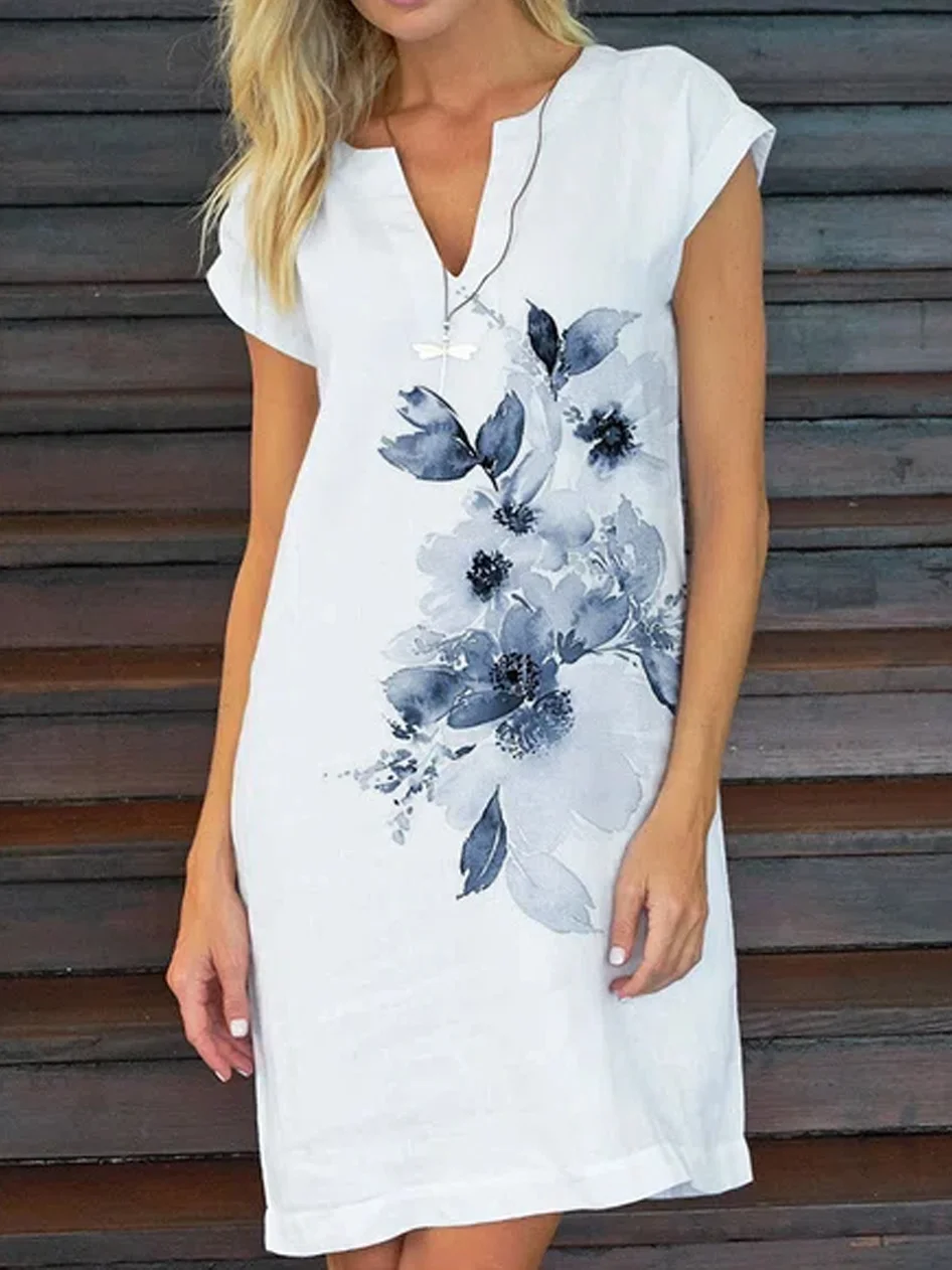 Casual Floral Print V Neck Short Sleeves Dress