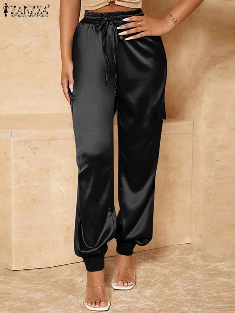 Summer Women Trousers ZANZEA Casual Elastic Waist Solid Satin Long Pants Female Loose Homewear 2022 Fashion OL Pantalon Turnip