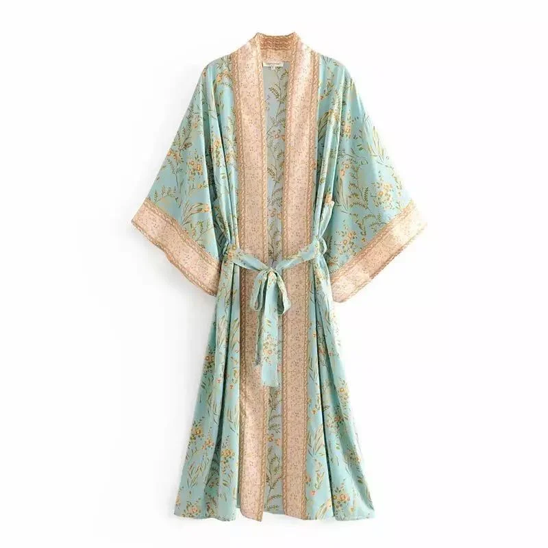 Fitshinling Print Floral Beach Kimono Swimwear With Sashes Cotton Slim Bohemian Holiday Long Cardigan Sexy Green Cover-Up Sale