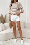 Women's Casual Brown Stripe Textured Knit Split Hem Half Sleeve Loose Top