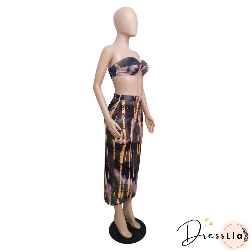 Summer Tie Dye Plus Size Fashion Clubwear Strapless Crop Top Maxi Skirts Women Sexy Two Piece Set
