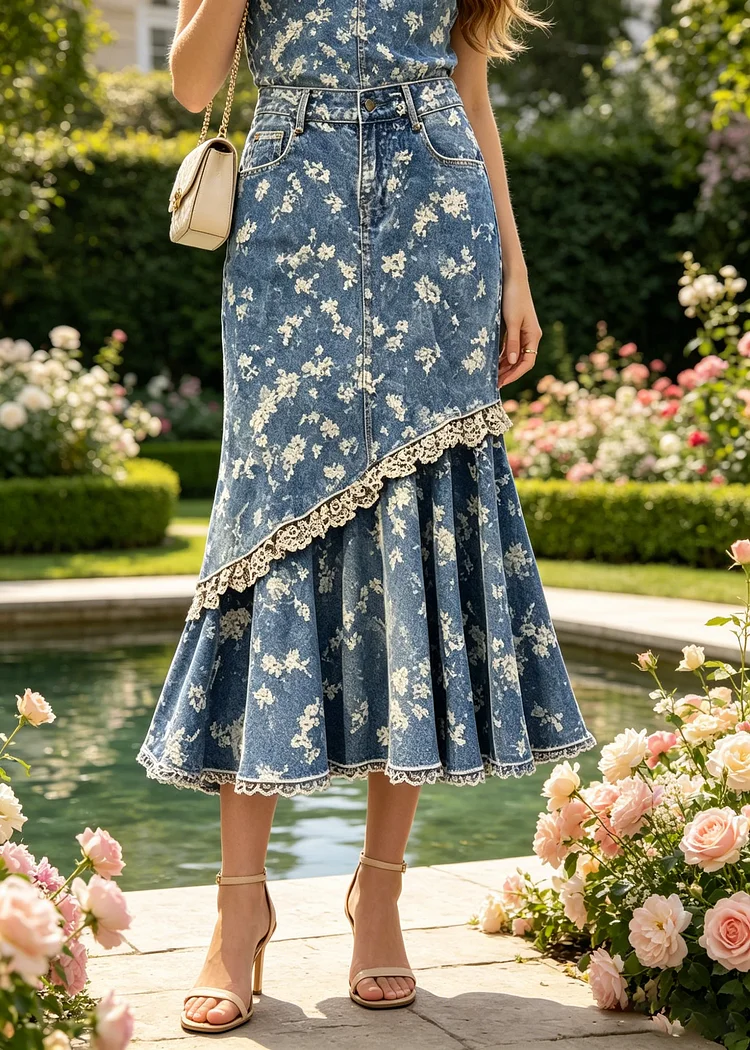 Silm Fit Blue Print Patchwork Denim Wraped Skirt Fall