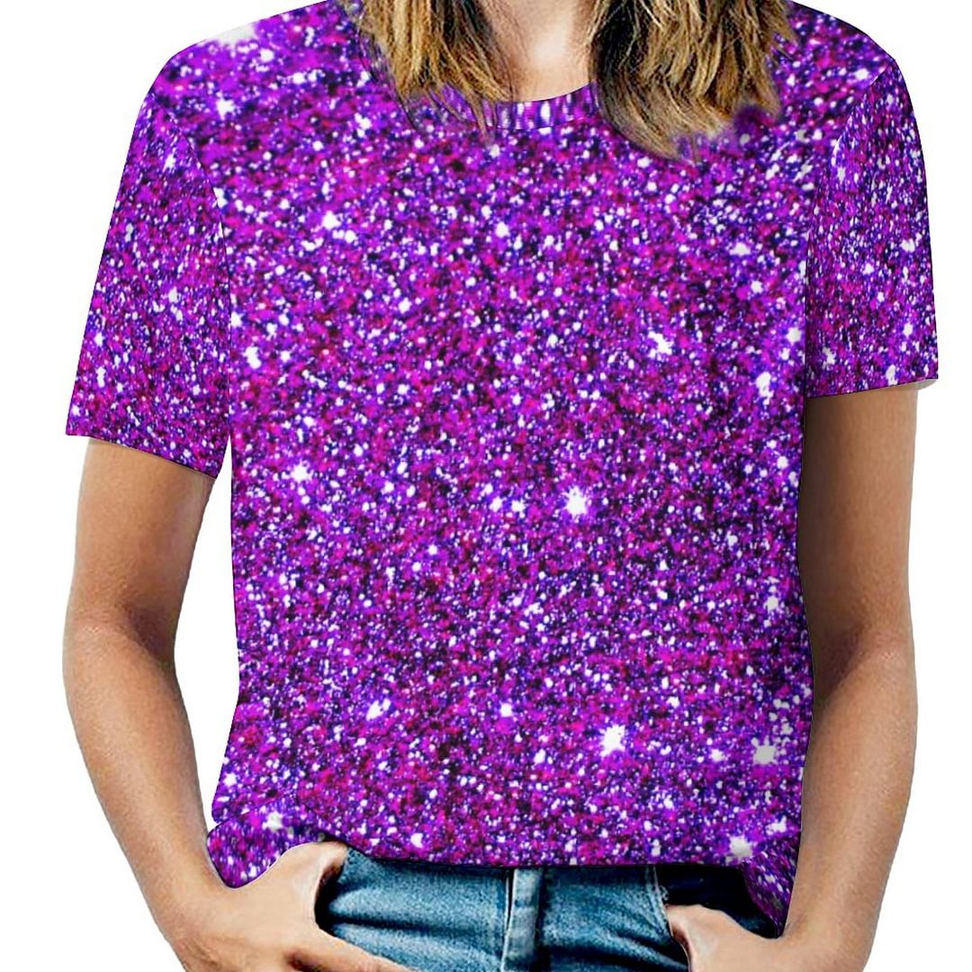 Fun Purple Sparkly Glittery Cute Fashion Short Sleeve Shirt Women Plus Size Blouse Tunics Tops