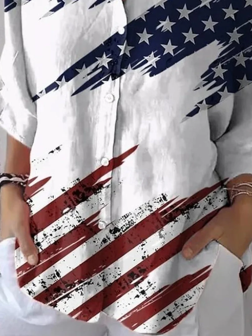 Women 3/4 Sleeve Shirt Collar National Flag Star Printed Graphic Button Tops