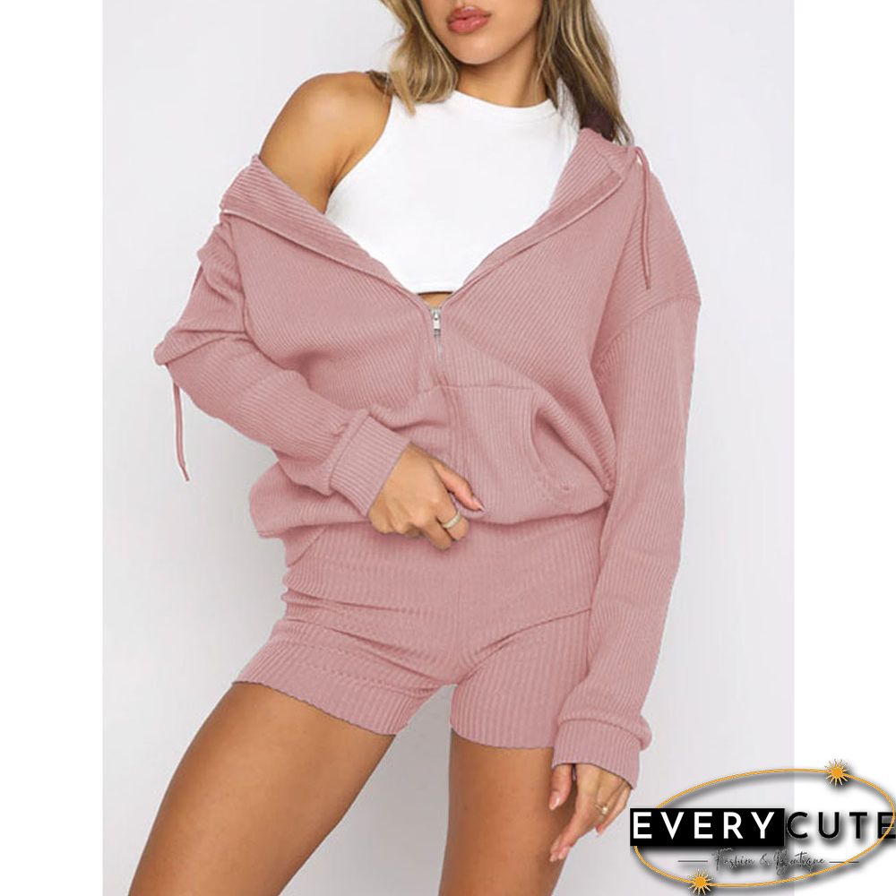 Pink Ribbed Zipper Hoodie with Shorts Lounge Set