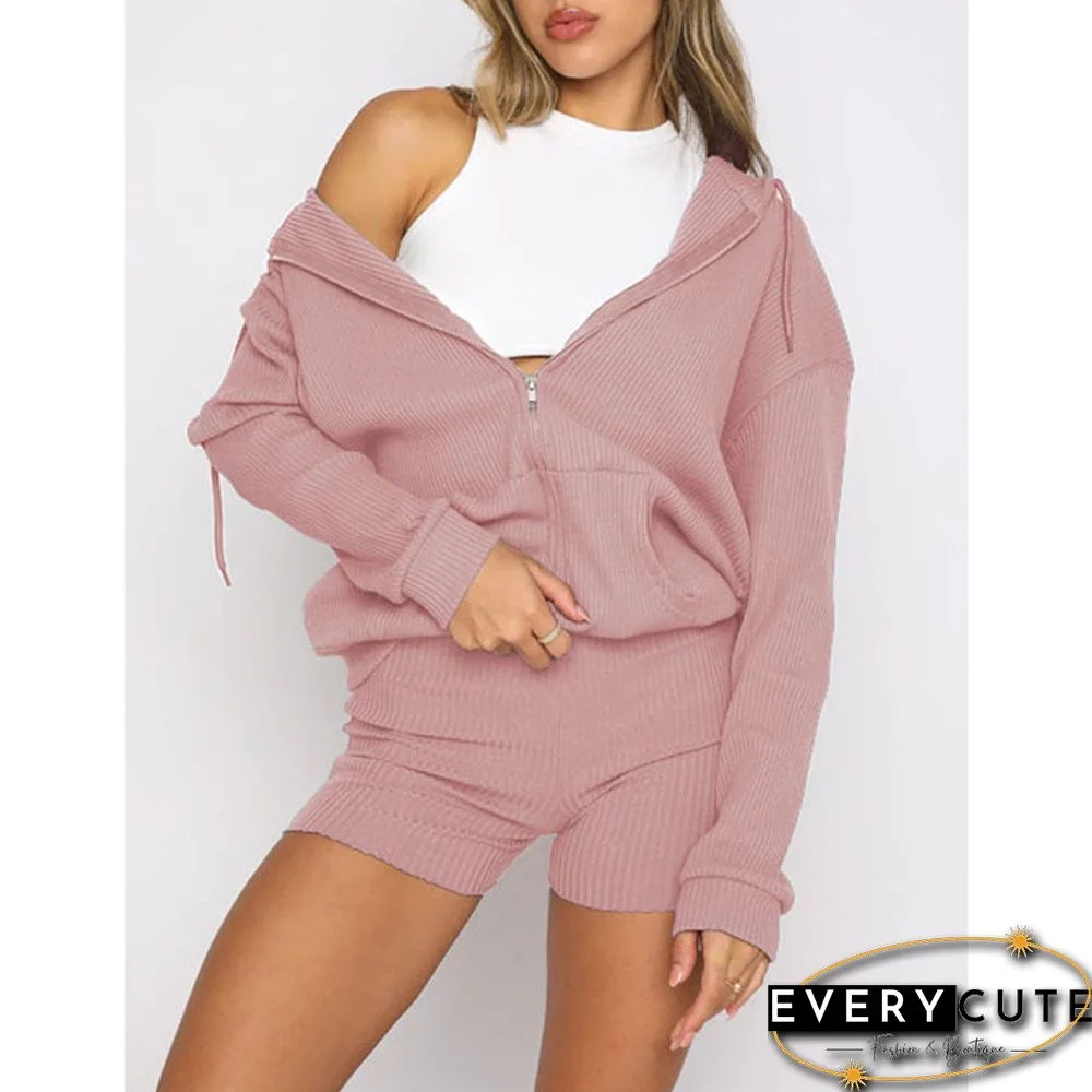 Pink Ribbed Zipper Hoodie with Shorts Lounge Set