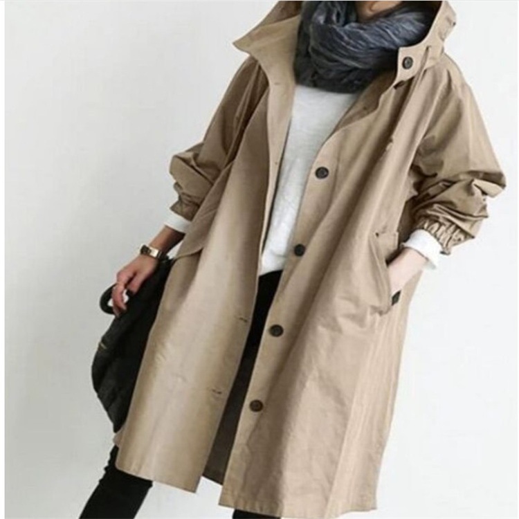 Casual Solid Color Hooded Trench Coat