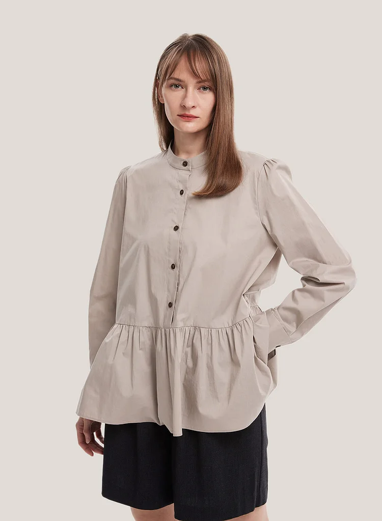 Ruffle-Hem Buttoned Cotton Blouse