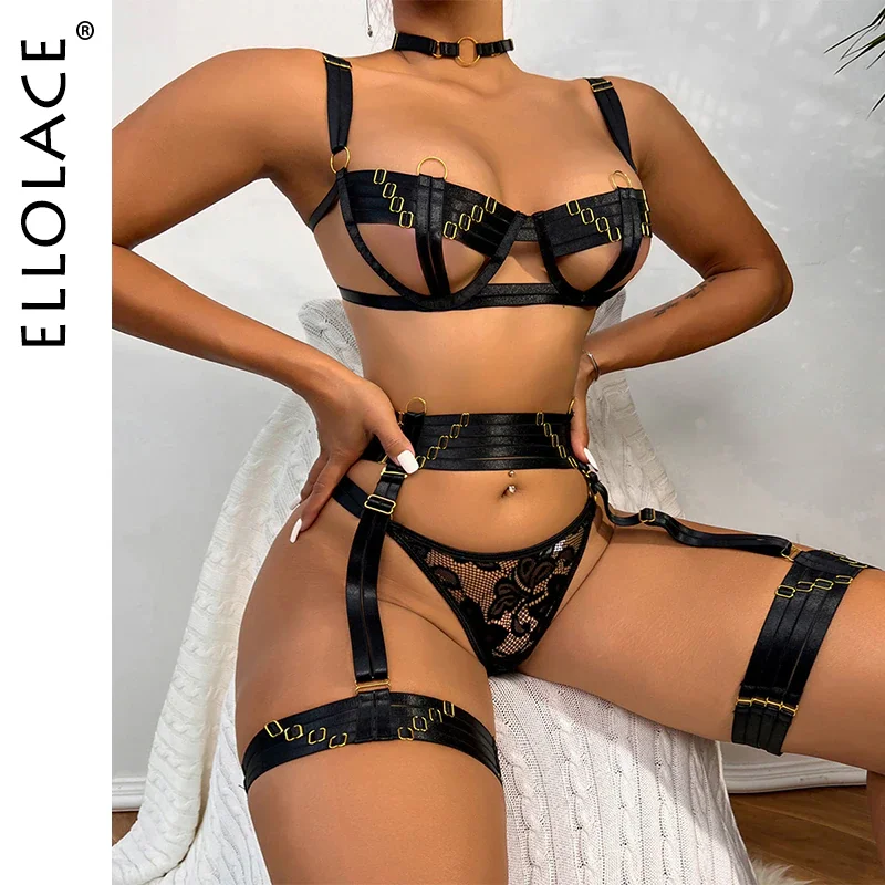 Billionm Ellolace Erotic Lingerie 5-Pieces Hollow Out Bra Luxury Button Sensual Underwear Sissy Sexy Thong Woman Whuta Garter Belt Set