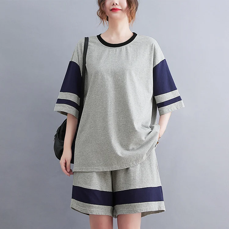 Loose Colorblock Short Sleeve T-Shirt And Shorts Suit
