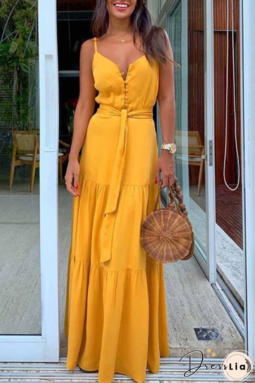 Button V-Neck Maxi Dress With Belt(3 Colors)