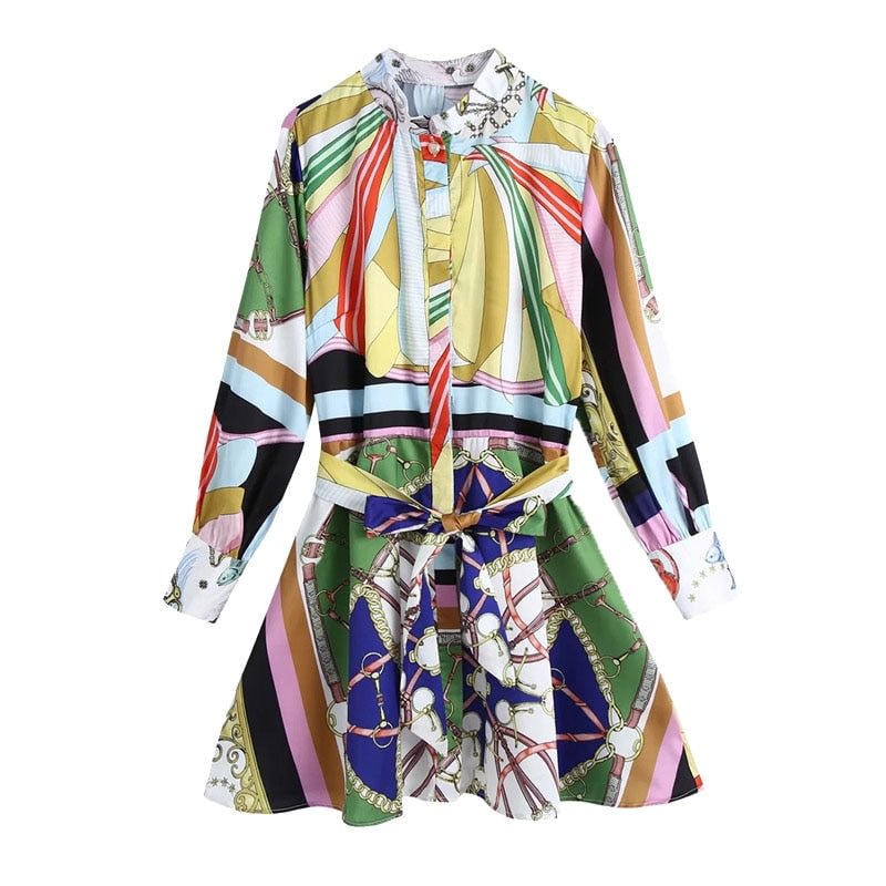 TRAF Women Chic Fashion With Belt Chain Print Mini Dress Vintage Long Sleeve Button-up Female Dresses Vestidos Mujer