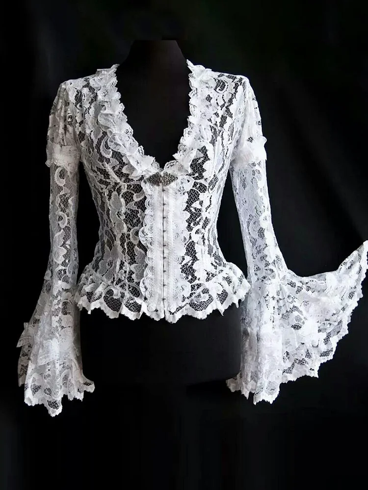 Vintage Lace Floral Hollow Out V Neck Flare Sleeve Blouse