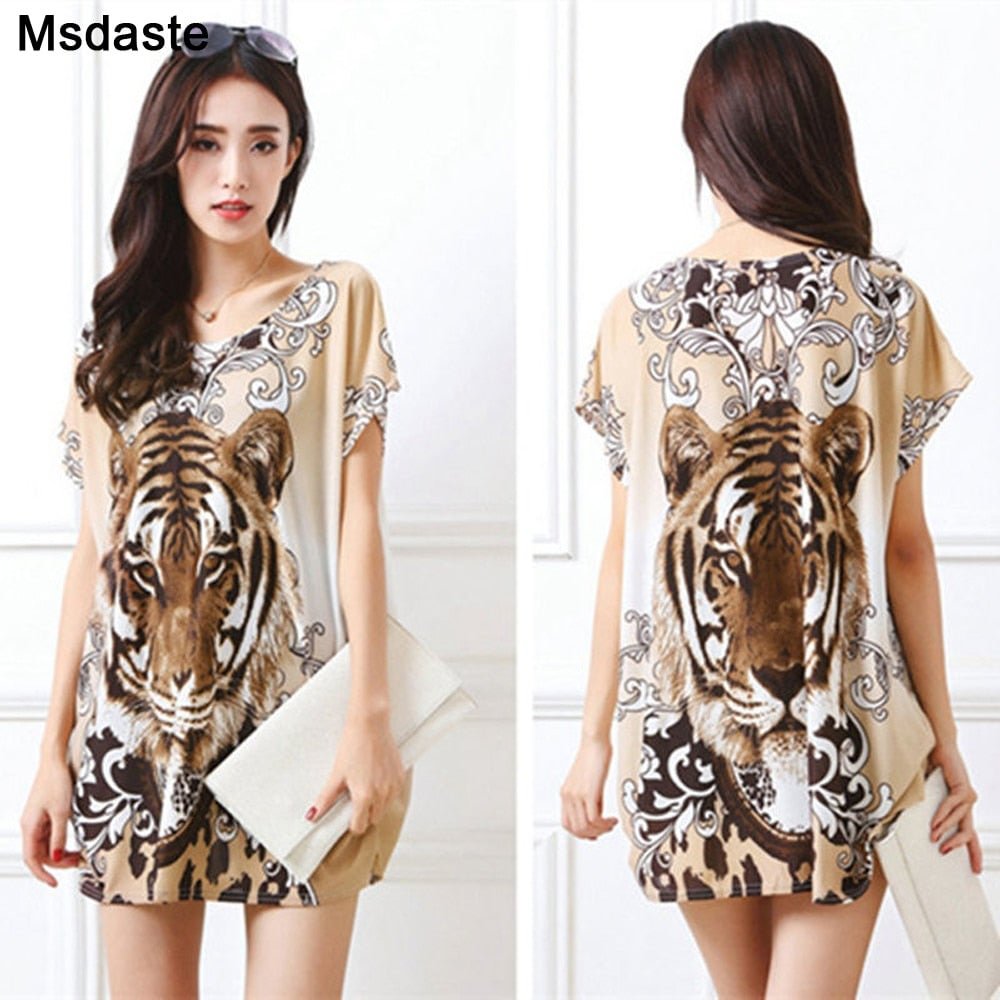 Tunics Casual Dress Summer Batwing Sleeve Stretchy 3D Print Tiger T Shirt Dress Tunic Robe Femme Plus Size Vestidos Mujer Tops