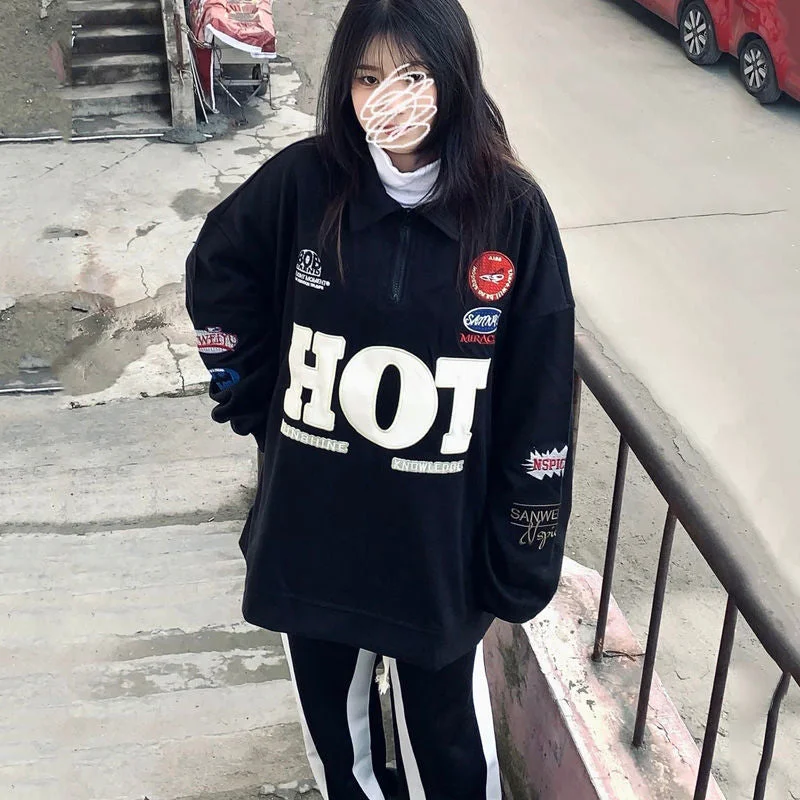 Vstacam Oversize Sweatshirt Women Vintage Letter Print Long Sleeve Anime Hip Hop Hoodies Kawaii Women Korean Style Fashion Clothes