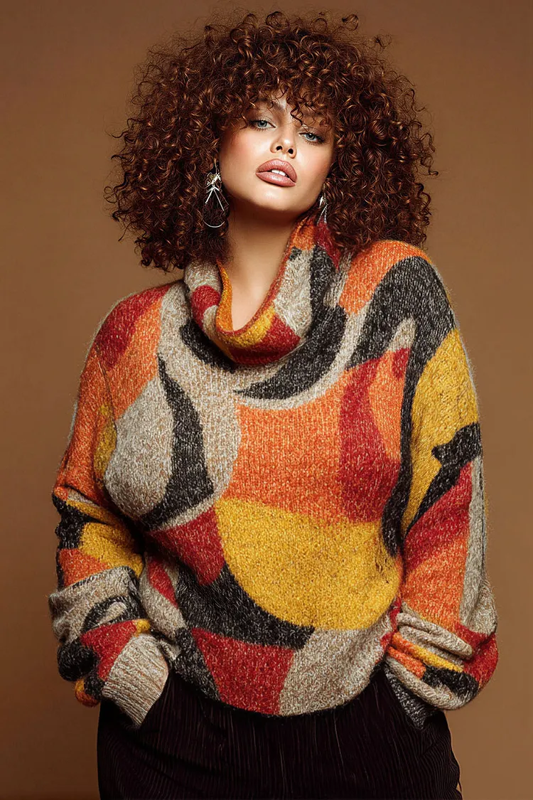 Xpluswear Design Plus Size Business Casual Multicolor Graphic Cowl Neck Long Sleeve Crochet Sweaters [Pre-Order] 2024 - Xpluswear