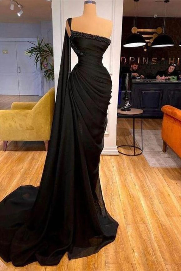 One Shoulder Mermaid Ideal Black Prom Dress With Beads | Ballbellas Ballbellas