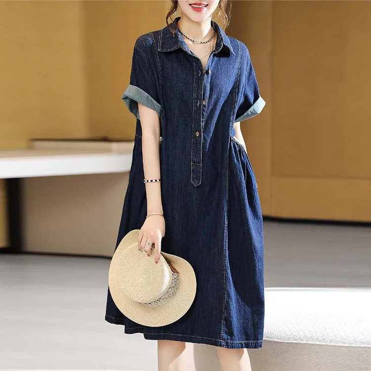 Summer loose mid-length lapel short-sleeved denim dress