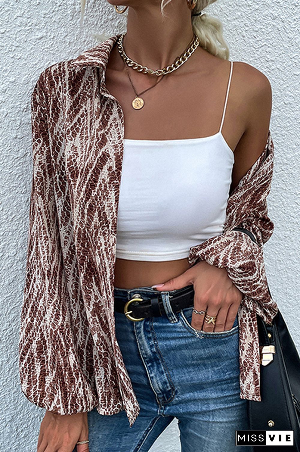 Casual Street Print Buckle Turndown Collar Tops