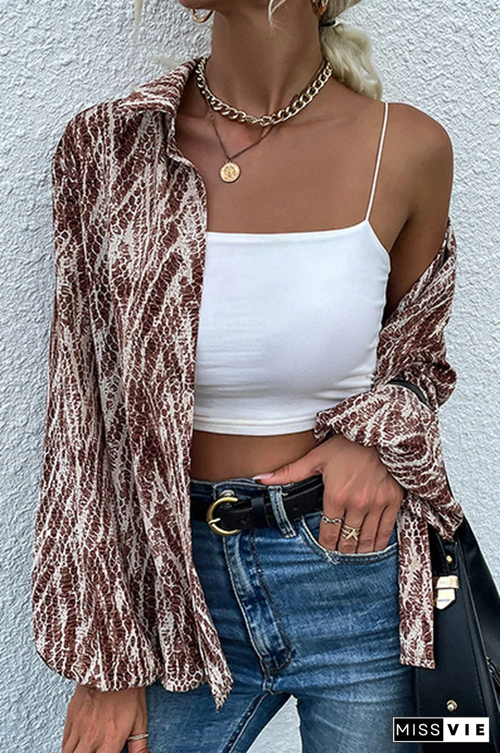 Casual Street Print Buckle Turndown Collar Tops