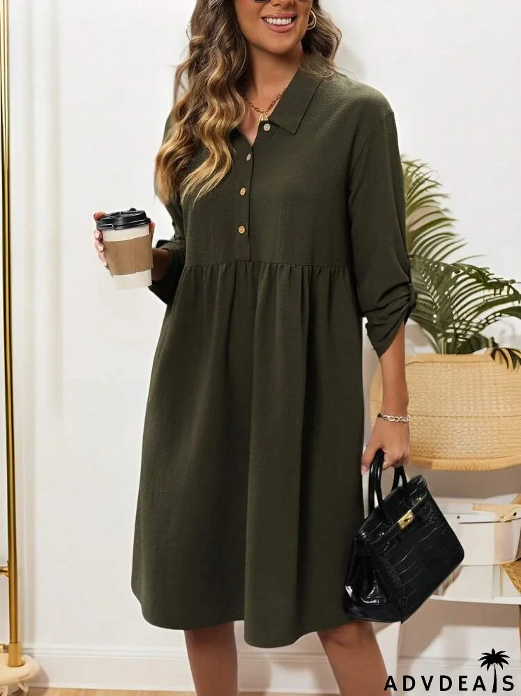 Women's Solid Color Front Button Casual Roll-Up Sleeve Dress