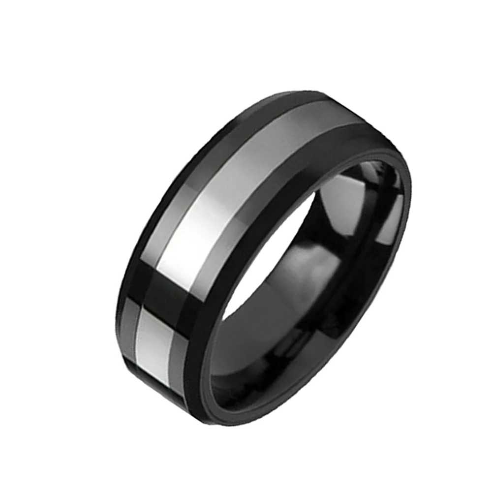 Men Black Tungsten Carbide Rings High Polished Silver Center 8MM Wedding Bands