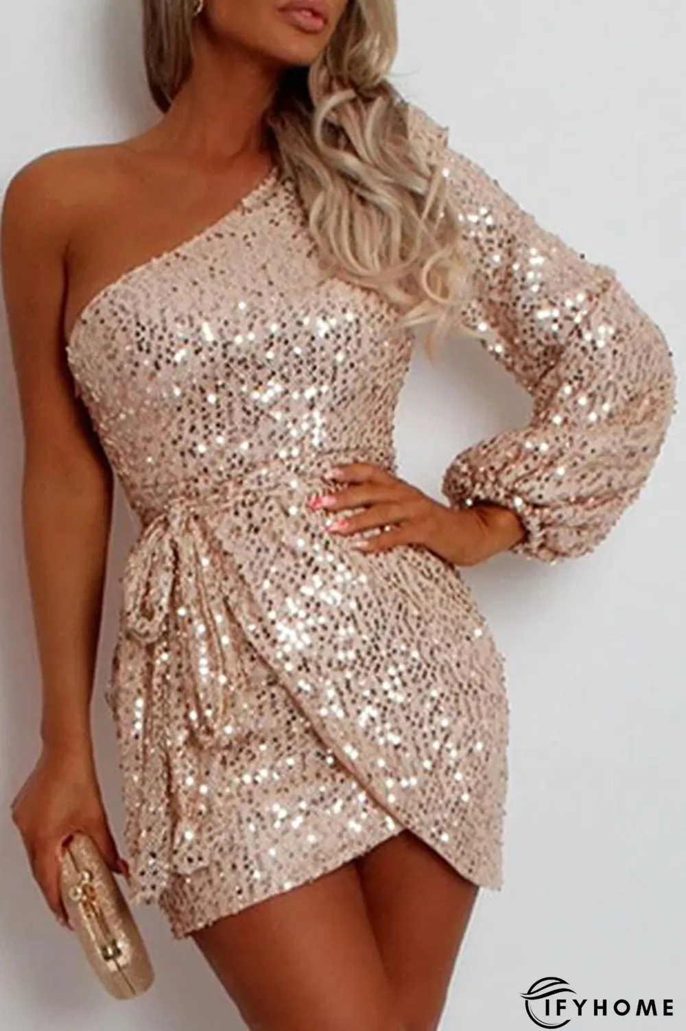 Fashion Elegant Solid Sequins With Belt Oblique Collar Evening Dress Dresses | IFYHOME