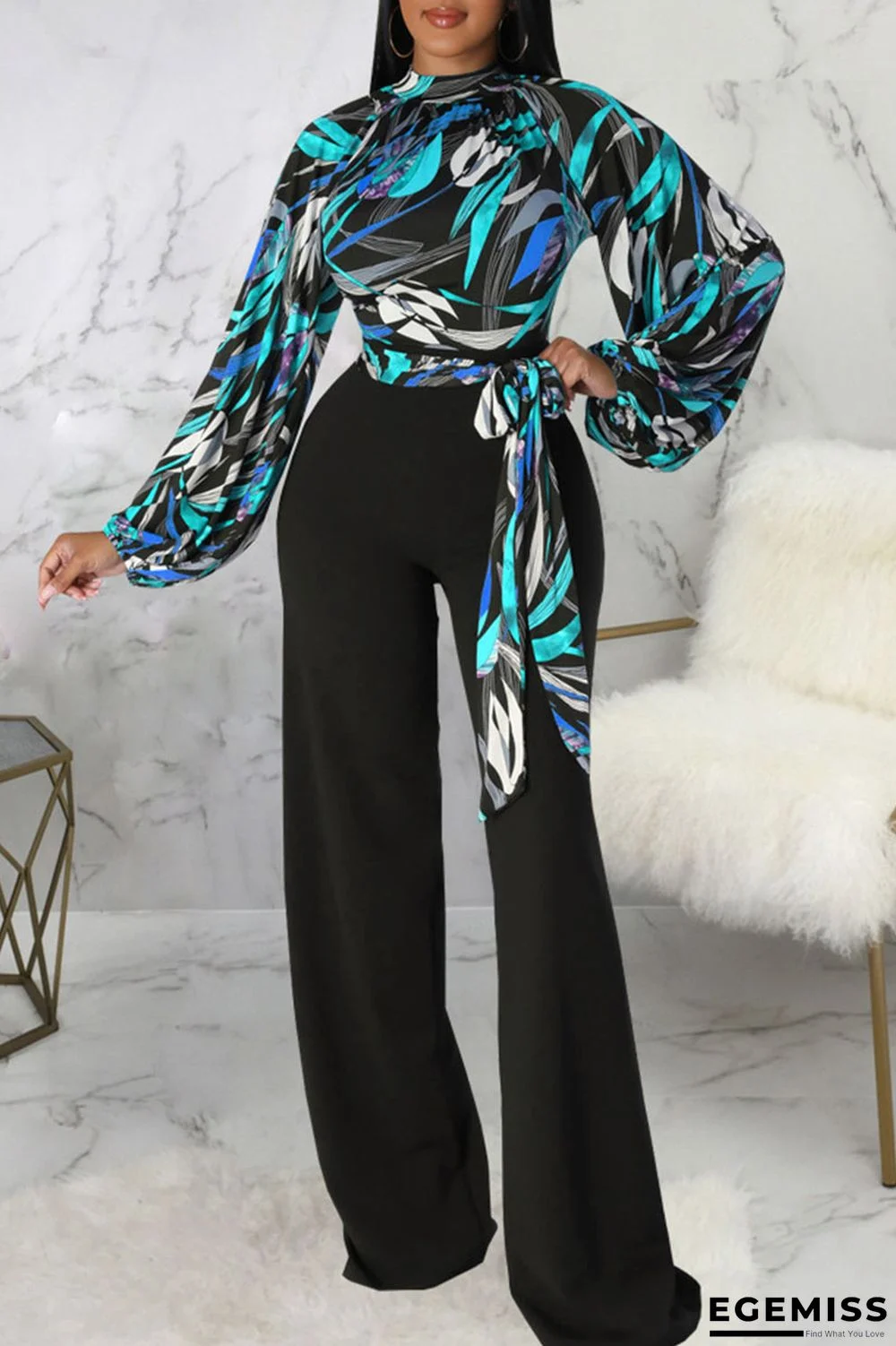 Cyanine Casual Elegant Print Bandage Patchwork O Neck Straight Jumpsuits | EGEMISS