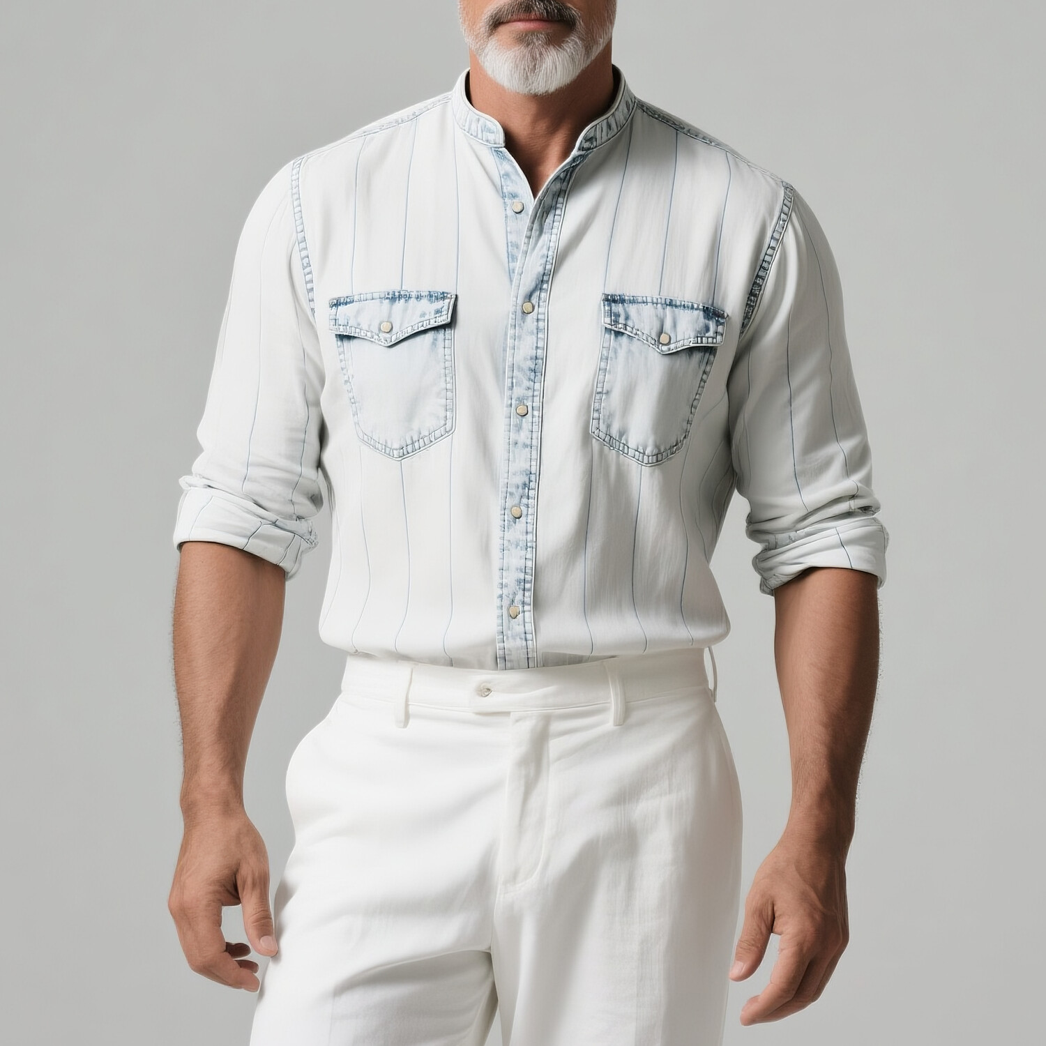 Men's Casual Denim Pinstriped Flap Pocket Stand Collar Long Sleeve Shirt