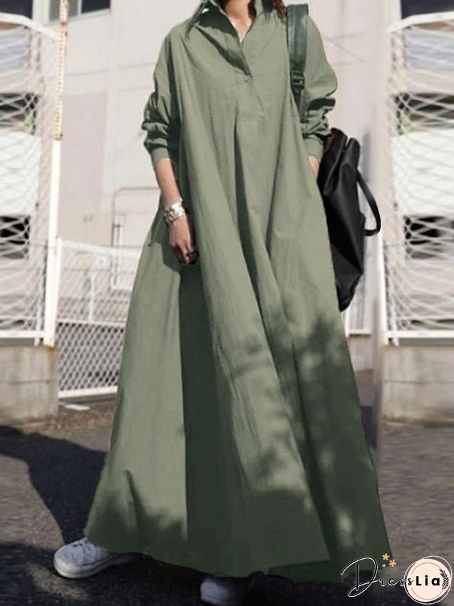 Cotton Linen Dress Casual Dress Swing Dress Maxi long Dress Cotton And Linen Basic Casual Daily Outdoor Winter Dress Daily Shirt Collar Pocket Long Sleeve Summer Spring Fall Loose Fit for Women