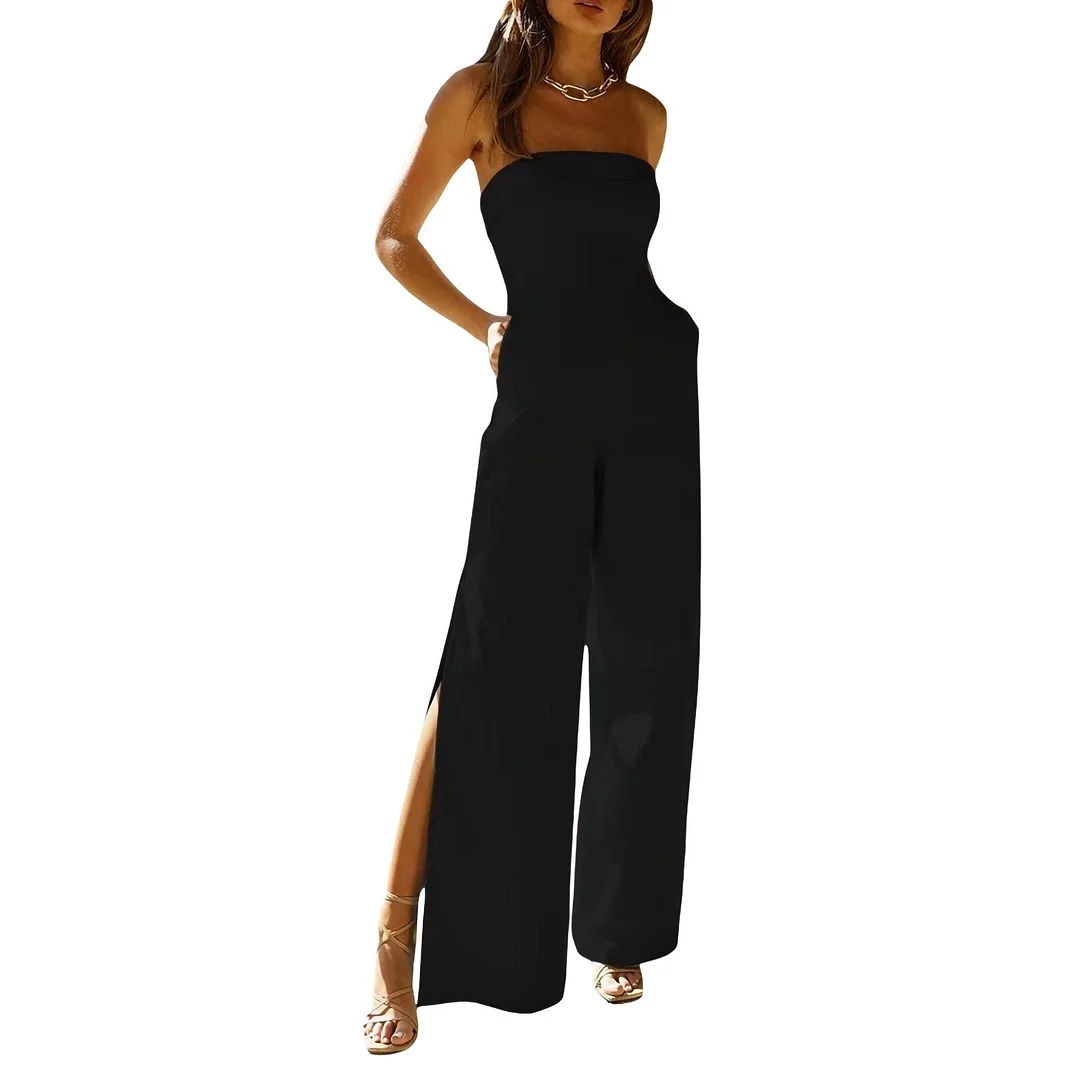 2023 Fashion Women Split Wide Leg Pants Elegant  Solid Color Strapless Jumpsuit Sleeveless Loose Romper Club Outfits