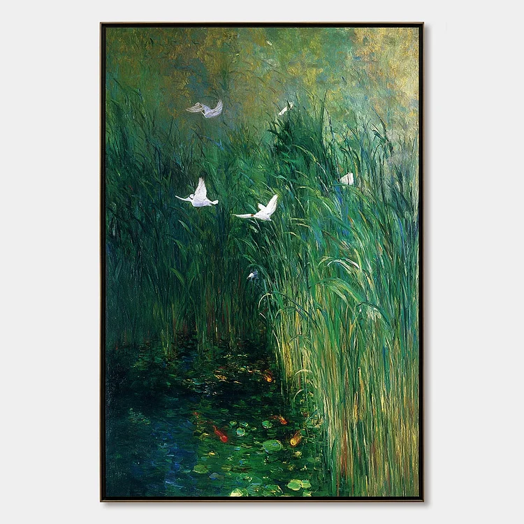 EMERALD FLIGHT: Vibrant Nature Painting of Birds Over a Serene Pond（Canvas painting）