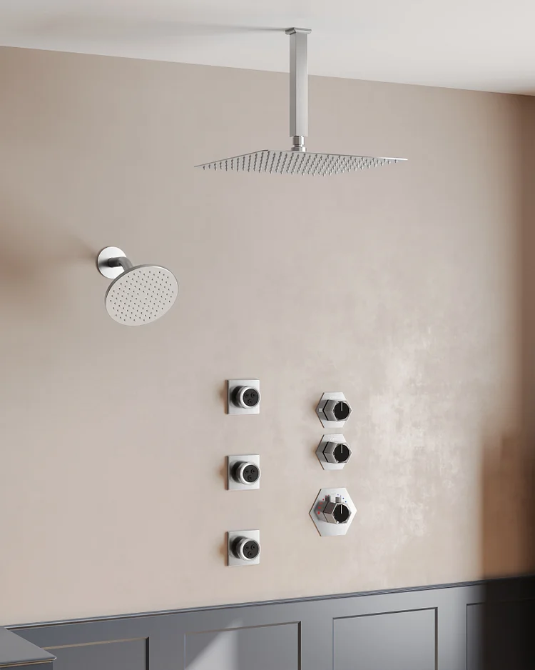 EVERSTEIN SFS-1040-NK12 12" Dual Rainfall Shower Faucet with 5-Spray Patterns, Ceiling Mounted and Rough-in Valve
