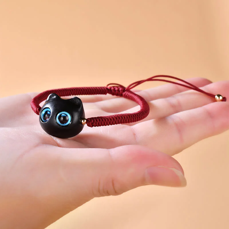 Ebony Wood Cat Head Pattern Peace King Kong Knot Braided Bracelet