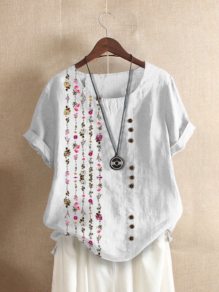 Floral Print Short Sleeve O neck Button T Shirt For Women P1828251